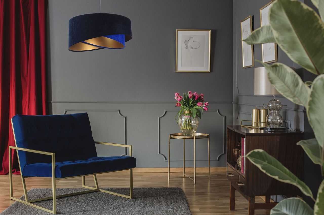 Lampe à suspendre Bleu Or E27 Ø 50 cm Tissu Abat-jour aspect velours