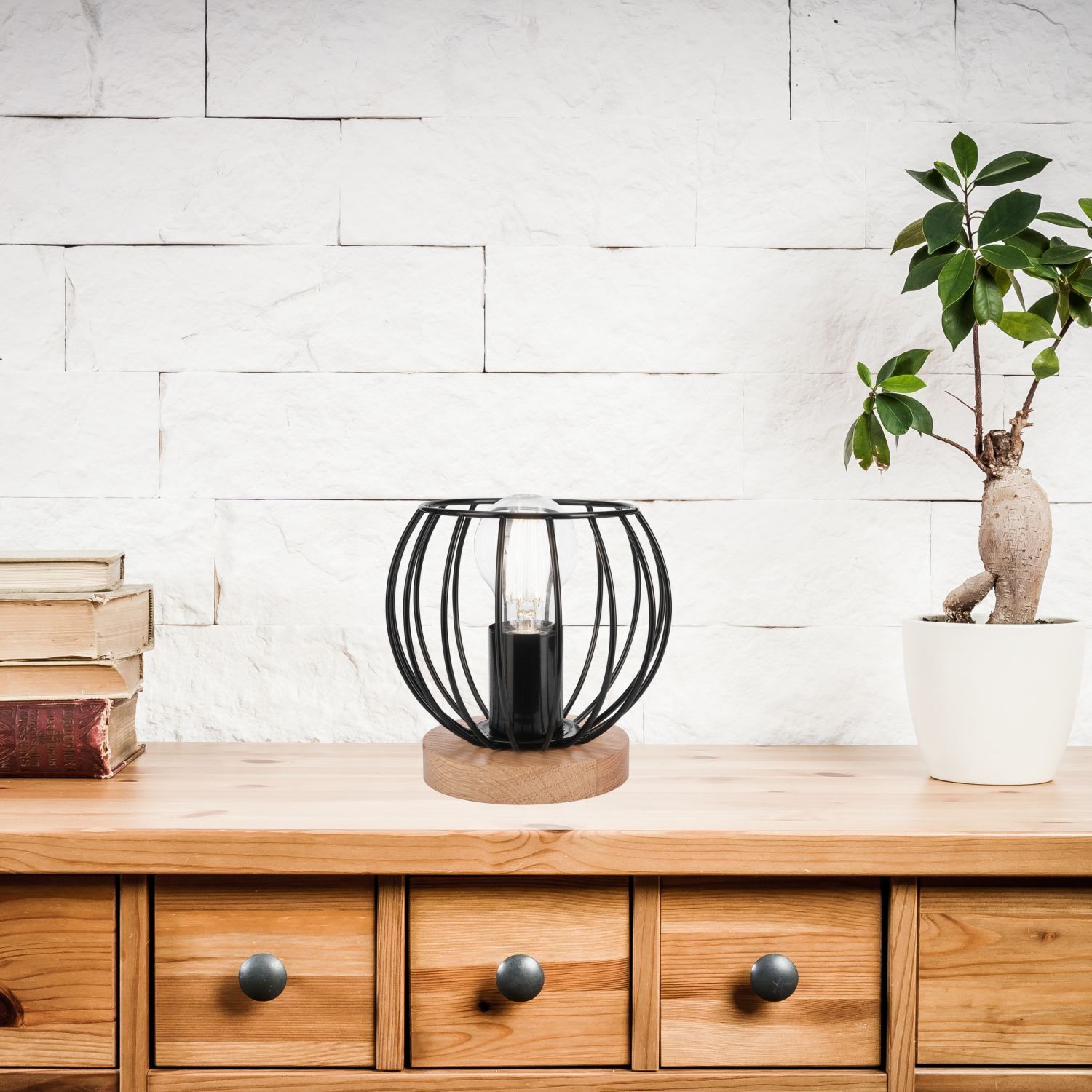 Lampe de table noire E27 petite H : 16 cm Métal Bois Rétro