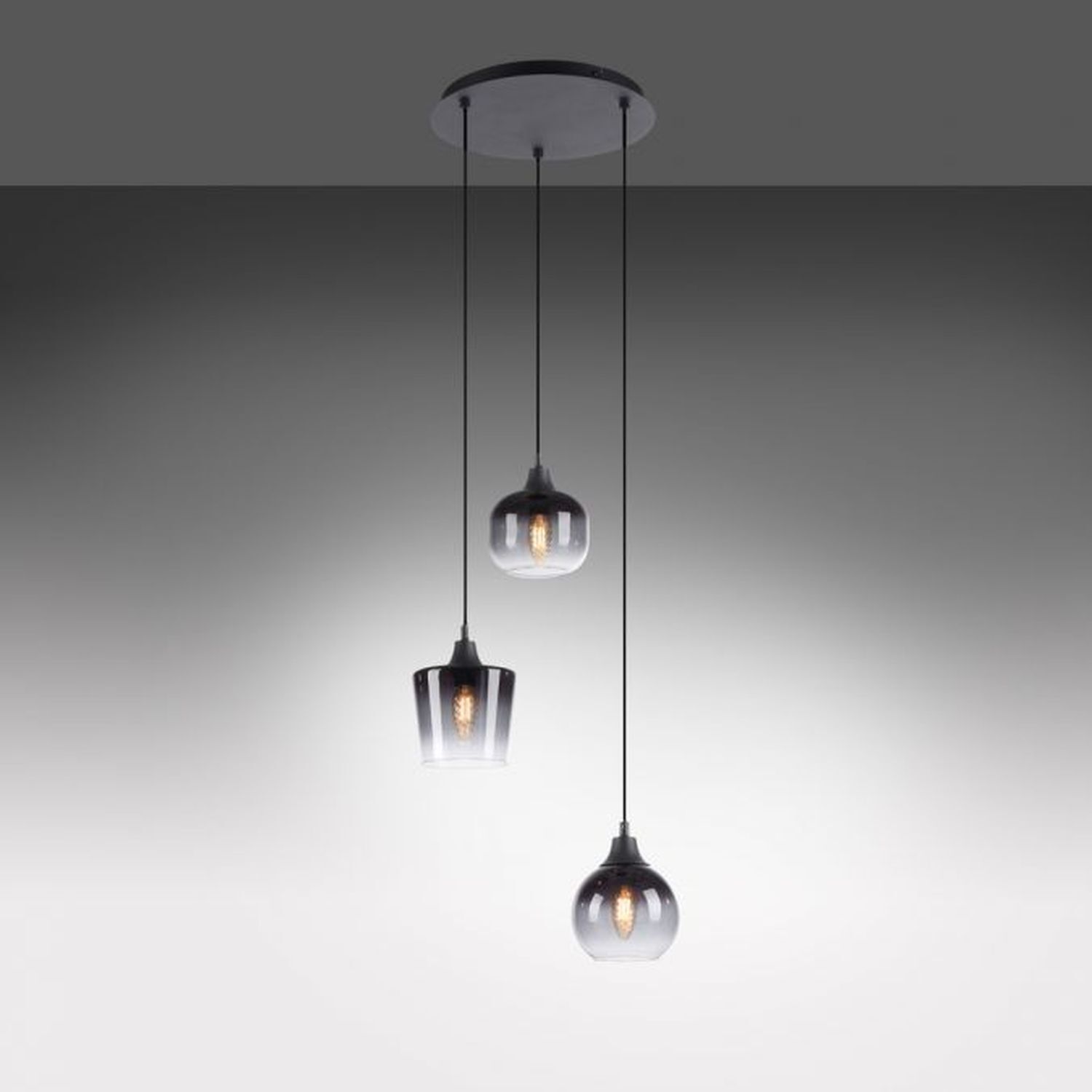 Suspension verre métal gris fumé noir E14 L:38 cm