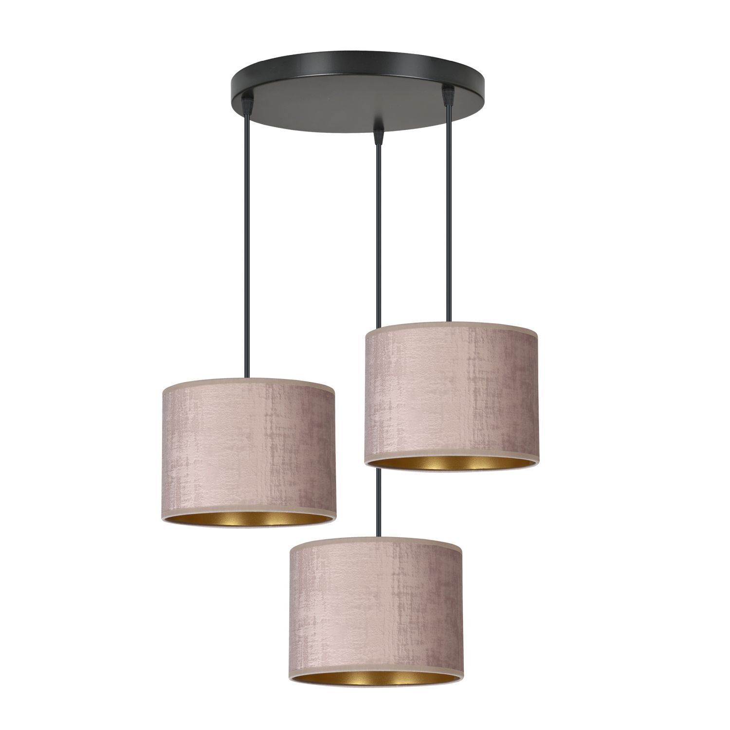 Suspension tissu métal noir rose or 3 flammes E27