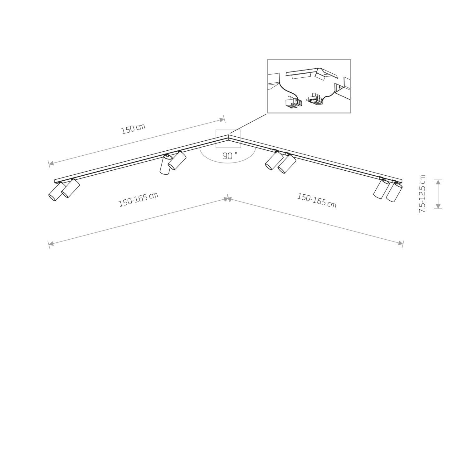 Spot de plafond 8 flammes GU10 2x 150 cm laiton métal