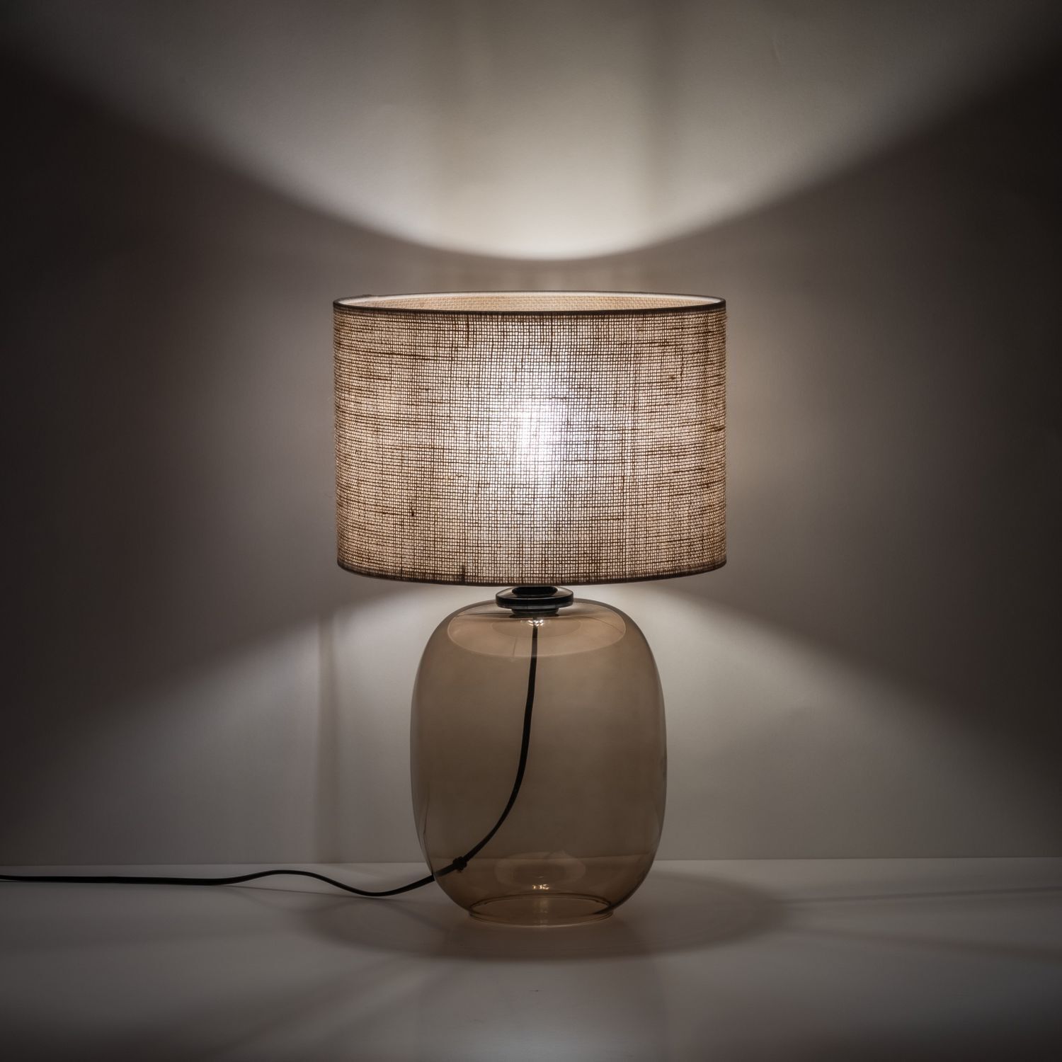 Lampe de table verre fumé tissu brun H : 48 cm Ø 30 cm E27