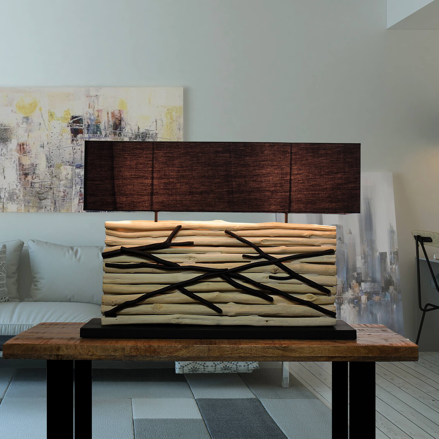 Lampe de table design en bois flotté Abat-jour en tissu 80 cm de long Innenarchitektur, Holz, Kissen, Dekoration für Zuhause, Tabelle