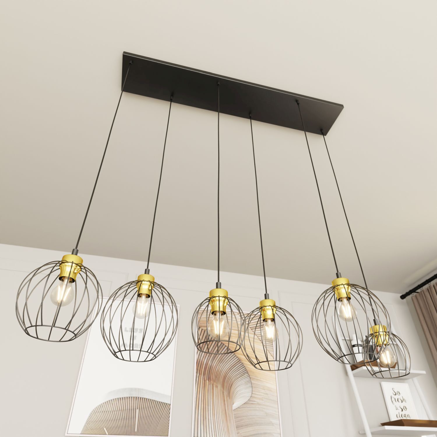 Suspension allongée noir or 6 flammes élégantes