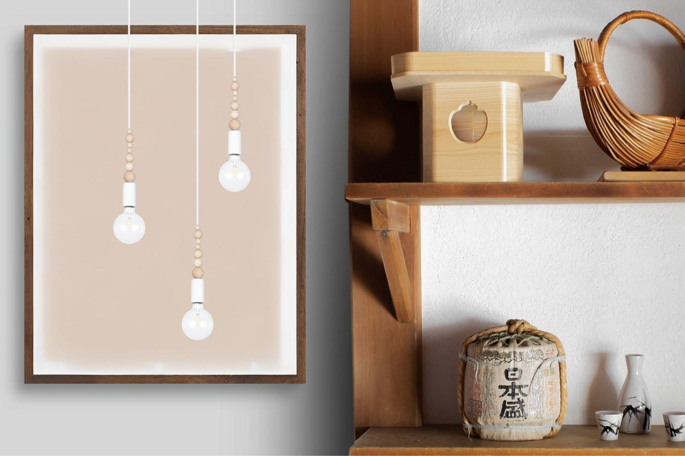 Suspension bois métal blanc E27 Ø30 cm rond 3-flmg Suspension bois métal blanc E27 Ø30 cm rond 3-flmg