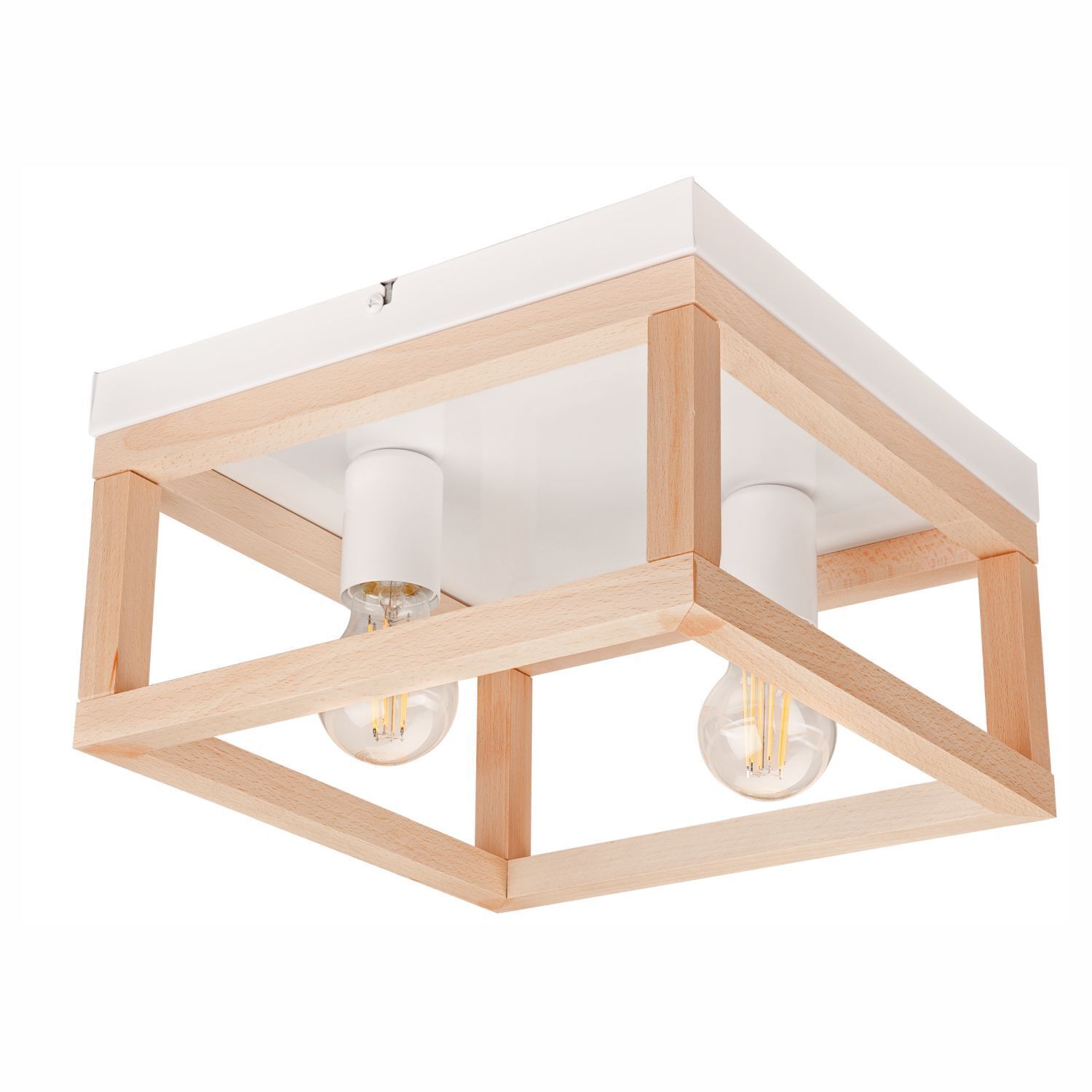 Plafonnier bois métal L : 30 cm carré naturel blanc 2x E27