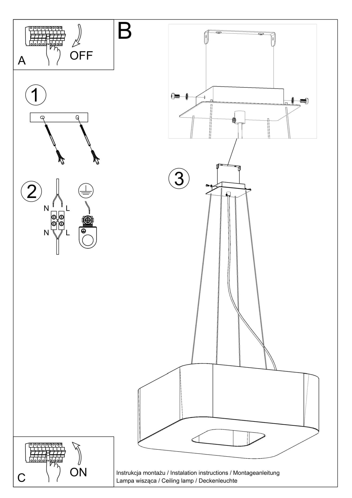 Lampe à suspendre carrée L : 60 cm Noir tissu anti-éblouissant 8x E27