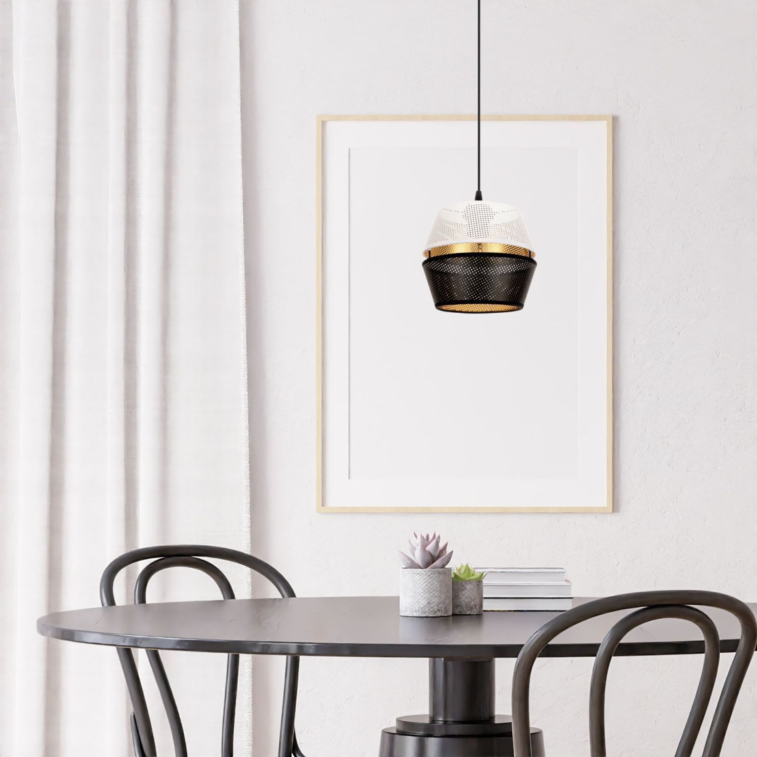 Suspension ronde métal noir blanc or E27 Ø20 cm