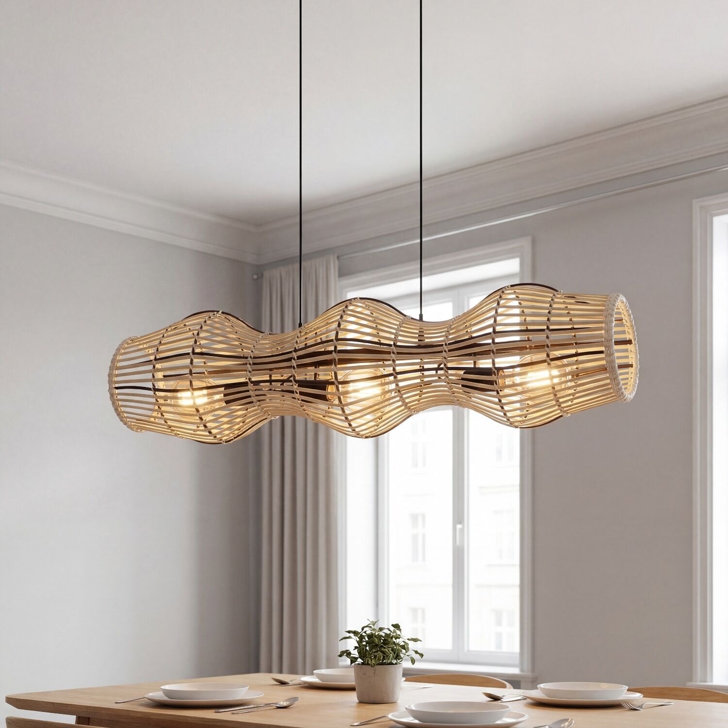 Hängelampe Bambus Natur E27 80 cm 3-flmg Skandinavisch Pendelleuchte, Holzlatten, gewebte Lampe, Zylinder-Pendelleuchte, Esstischlampe