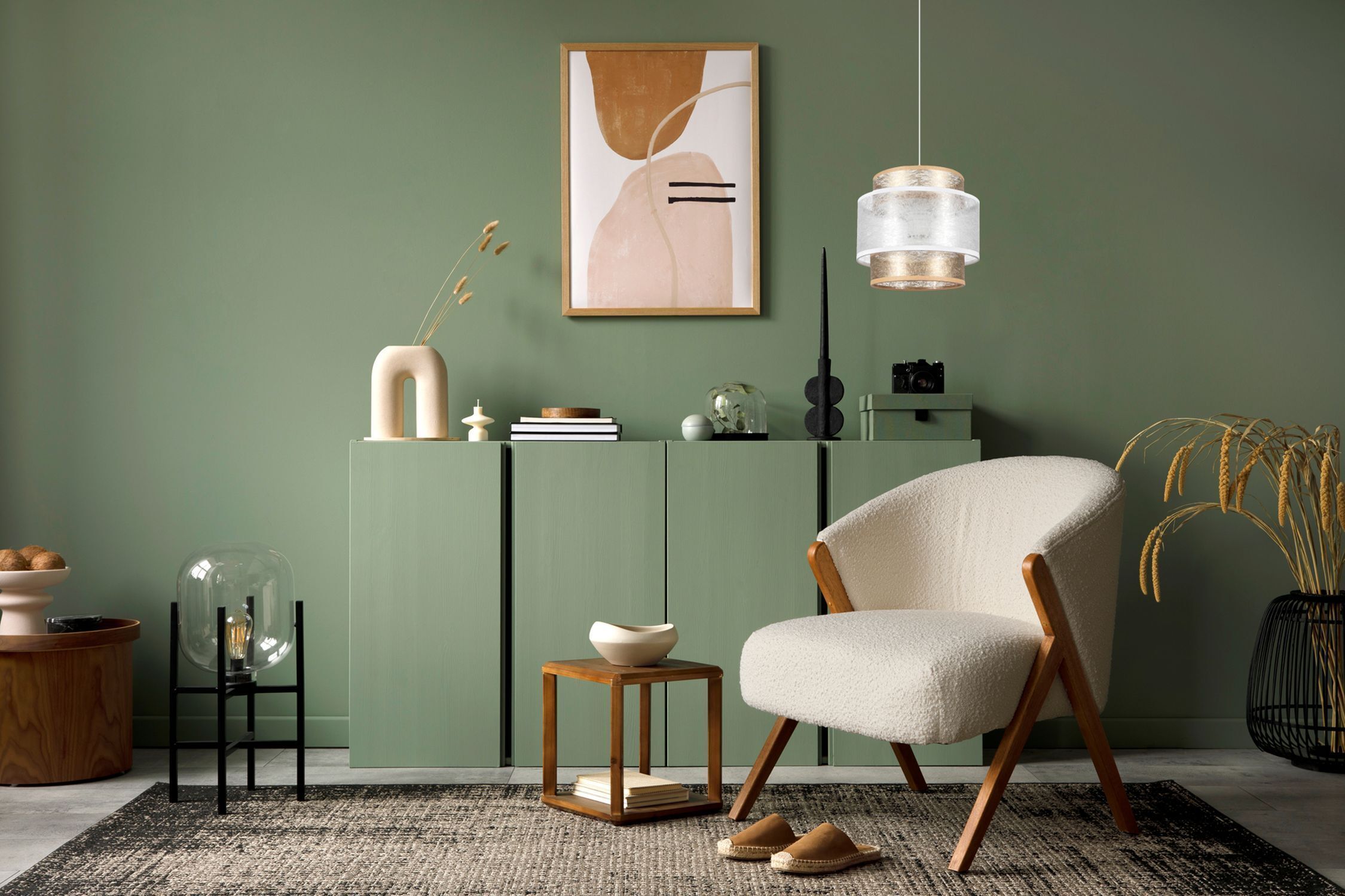 Wohnzimmer, Sideboard, Sessel, Teppich, Dekoration