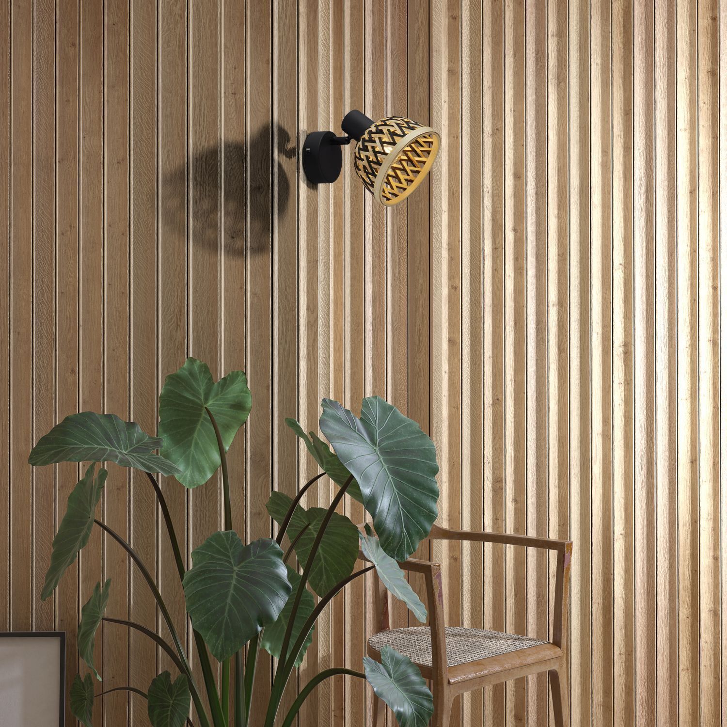 spots-aufbaustrahler-wandspots-wohnzimmerbeleuchtung-gonzalez-1x-e14-bis-40-w-schwarz-natur-baustahl-bambus-le95651-02 wand, Leuchte, Holzwand, Pflanze, Sonnenlampe