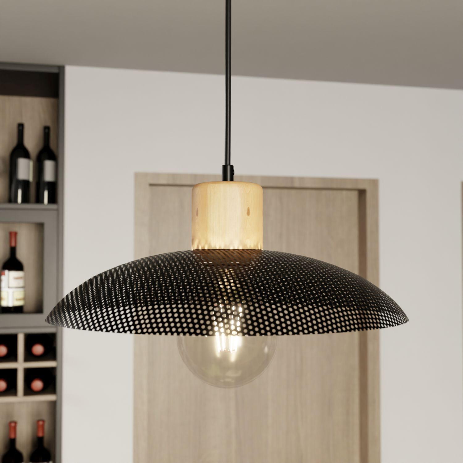 Lampe à suspendre métal Ø 30 cm noir imitation bois E27 Loft
