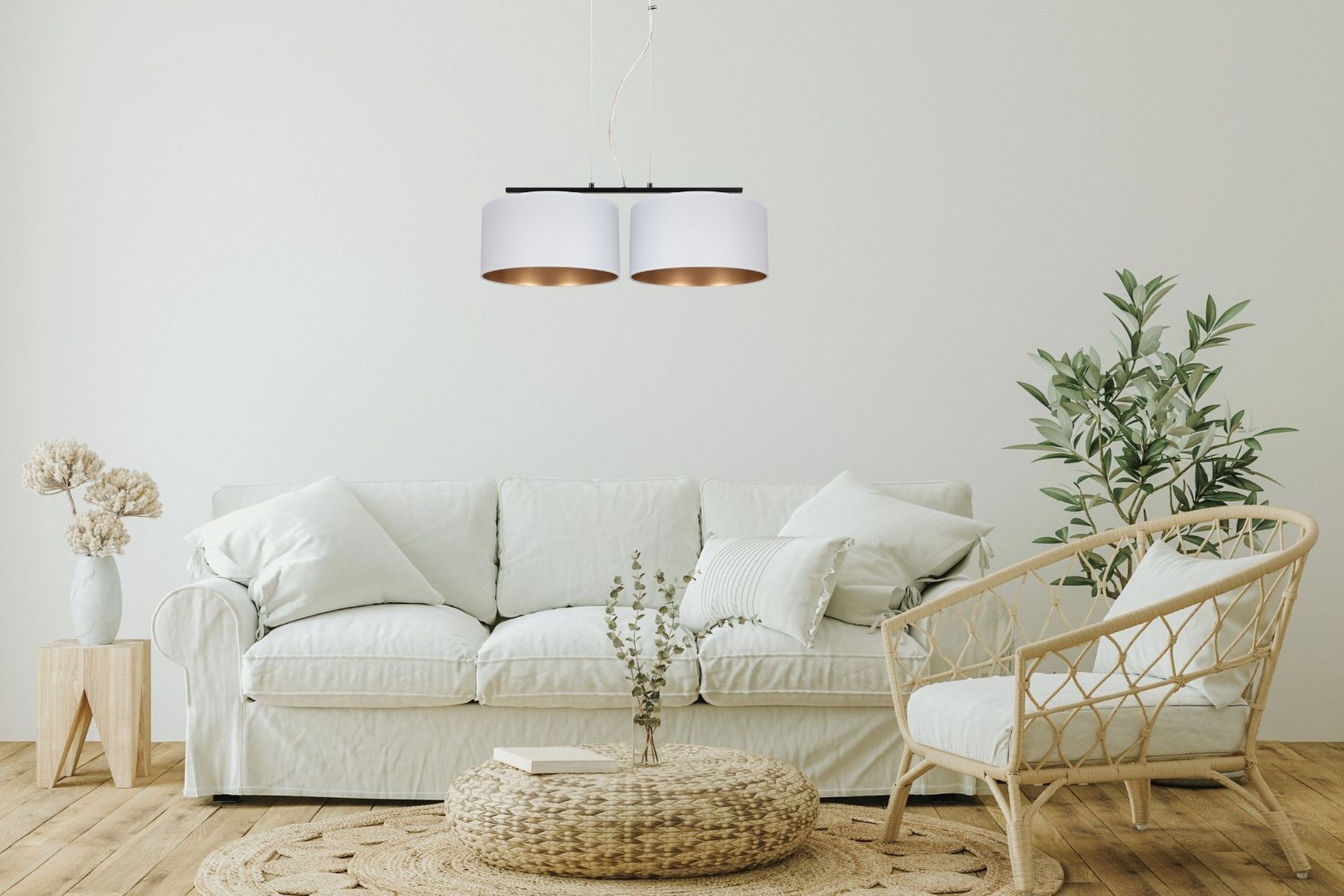 Sofa, Wohnzimmer, Hängelampe, Pflanze, Korb-Tisch