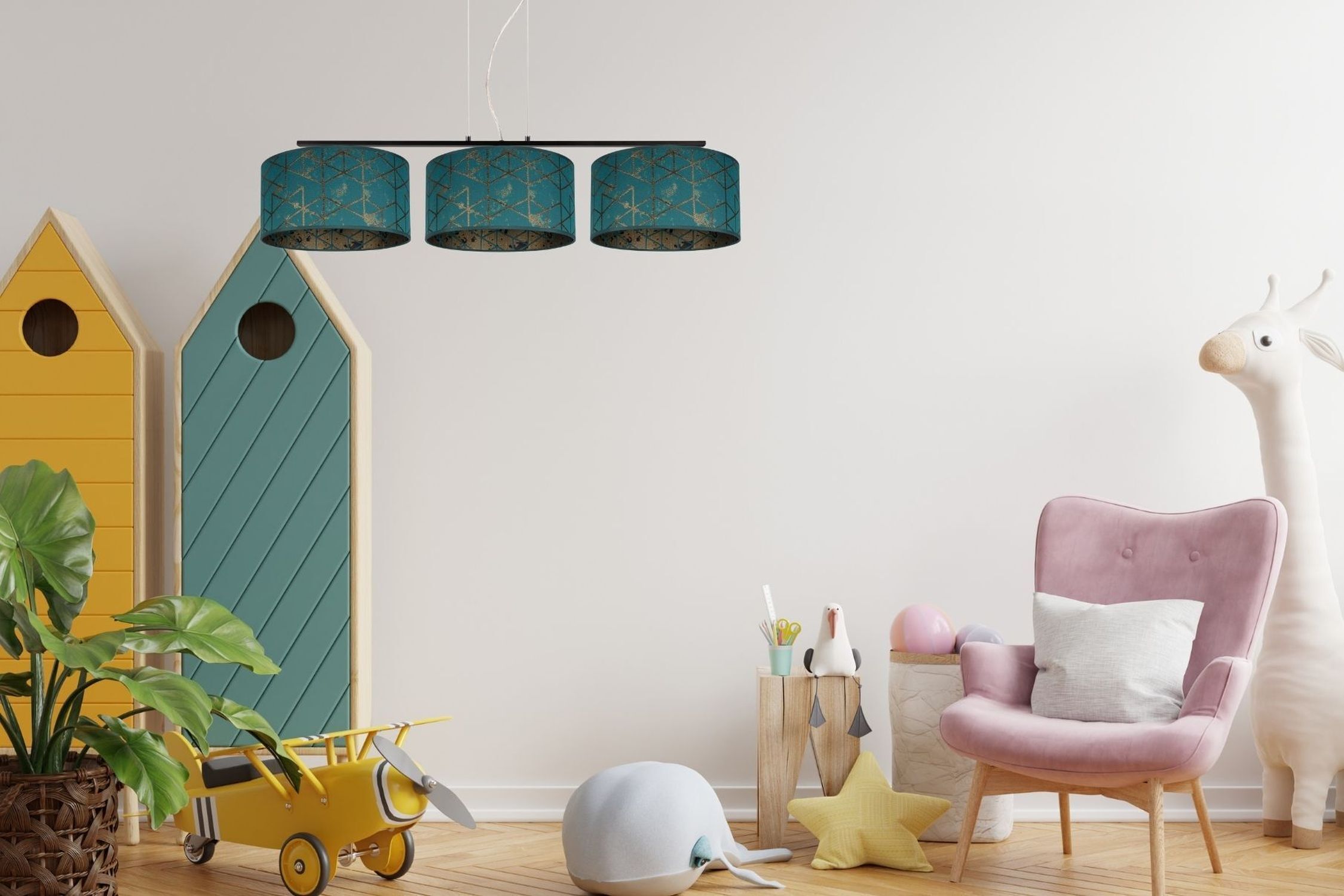 Gemütliche Hängelampe Stoff Grün Muster E27 100 cm lang Kinderzimmer, Spielzeugboxen, Kissen, Chaiselongue, Lichterdecke