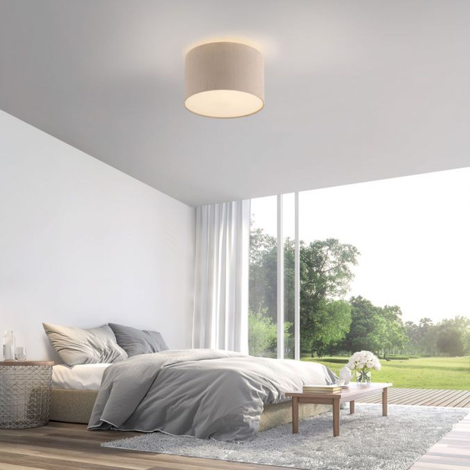 Lampe de plafonnier en tissu beige E27 Ø35 cm confortable et peu éblouissant