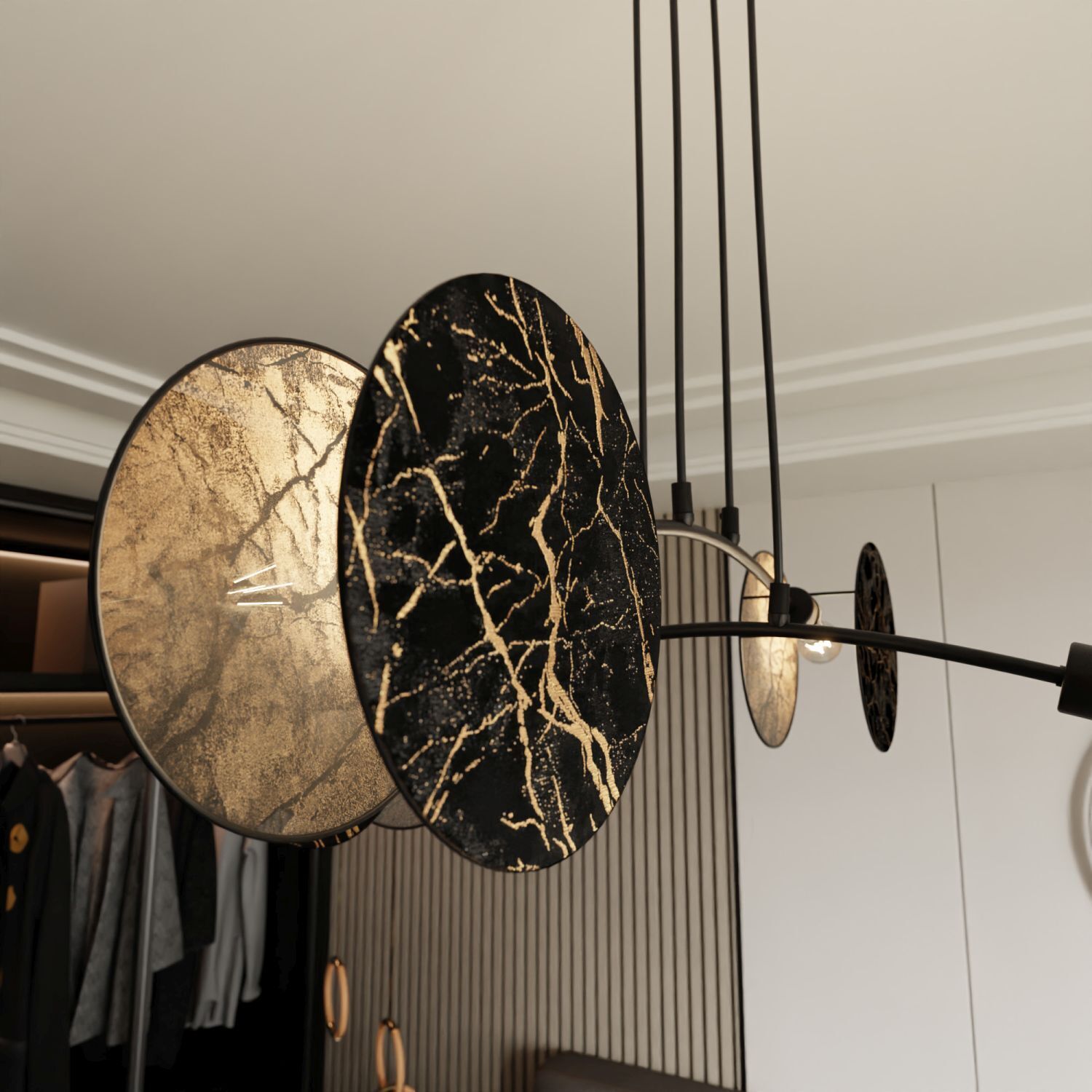 Hängelampe Marmor-Optik Schwarz Gold L: 82 cm Stoff Metall Lampe, Drinnen, Innenarchitektur, Kronleuchter