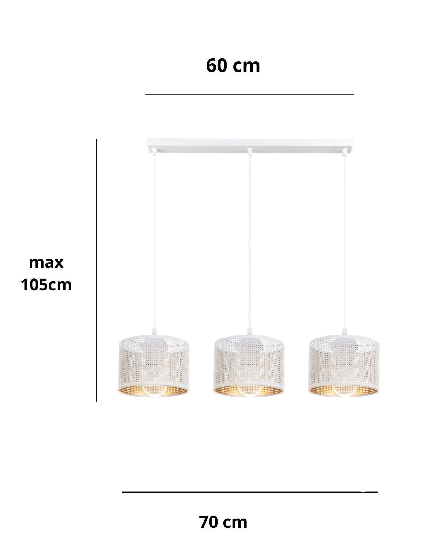 Lampe à suspendre métal blanc or E27 3 flammes 65 cm de long Papier