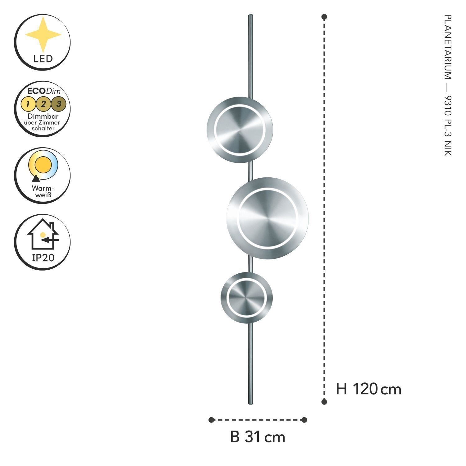 Applique LED argent H:120 cm 1008 lm 3000 K dimmable LED, Kugel-Licht, Standleuchte, Chrom, Wohnzimmer