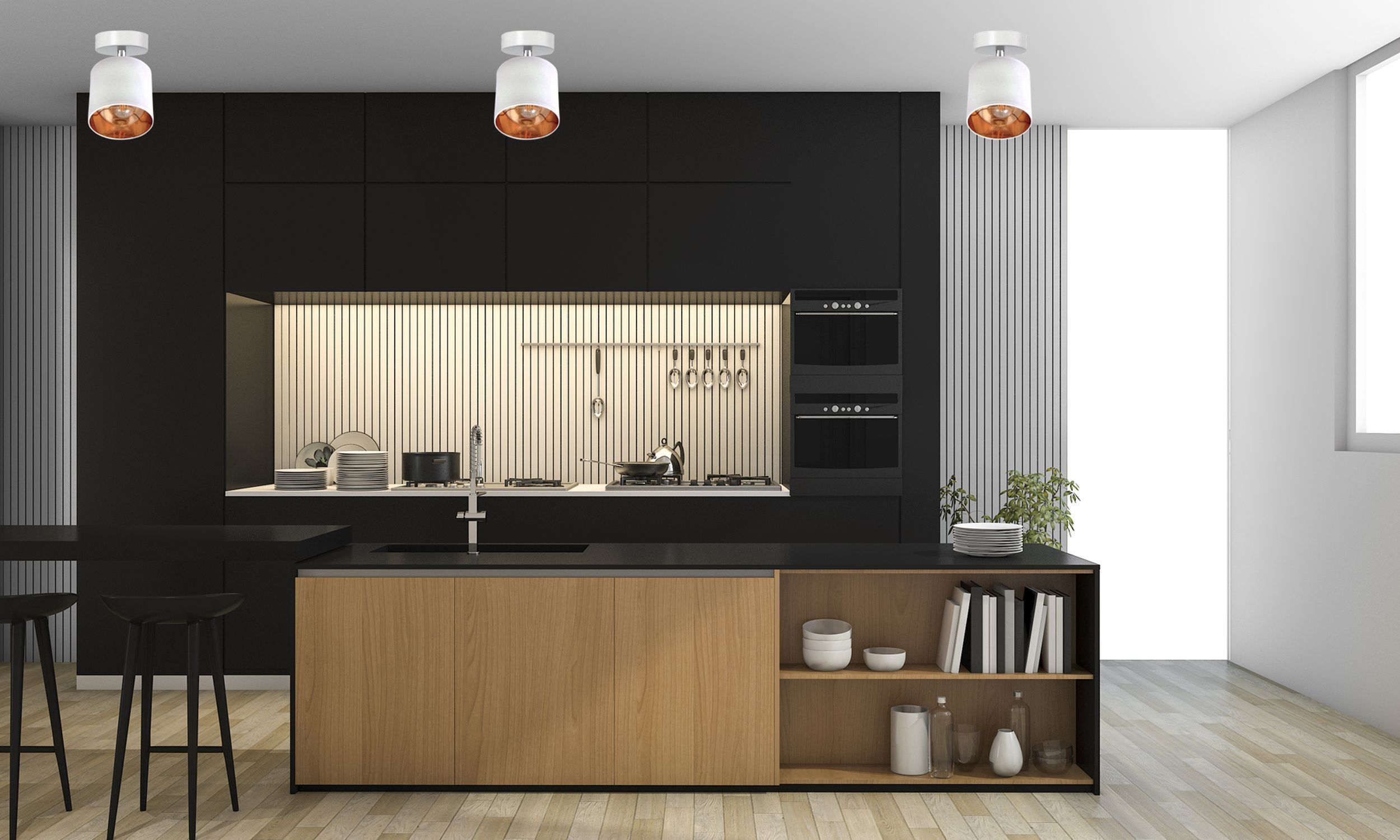 kitchen, Küchentheke, schwarze Schränke, Insel, holzregal