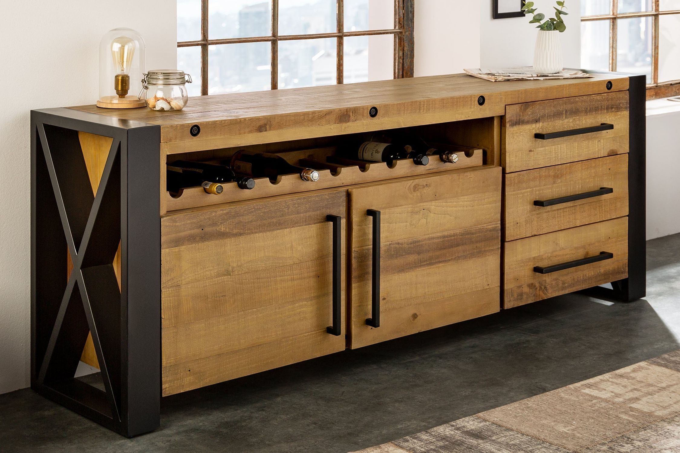 Grand sideboard bois fer 195 cm de large design industriel Moebel, Anrichte, Holz