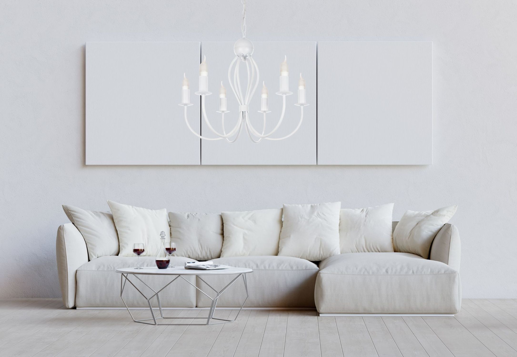 Weißer Kronleuchter Metall 6-flammig E14 Klassisch Wanddeko, Chandelier, Hängelampe, Wohnzimmer, weiße Farben