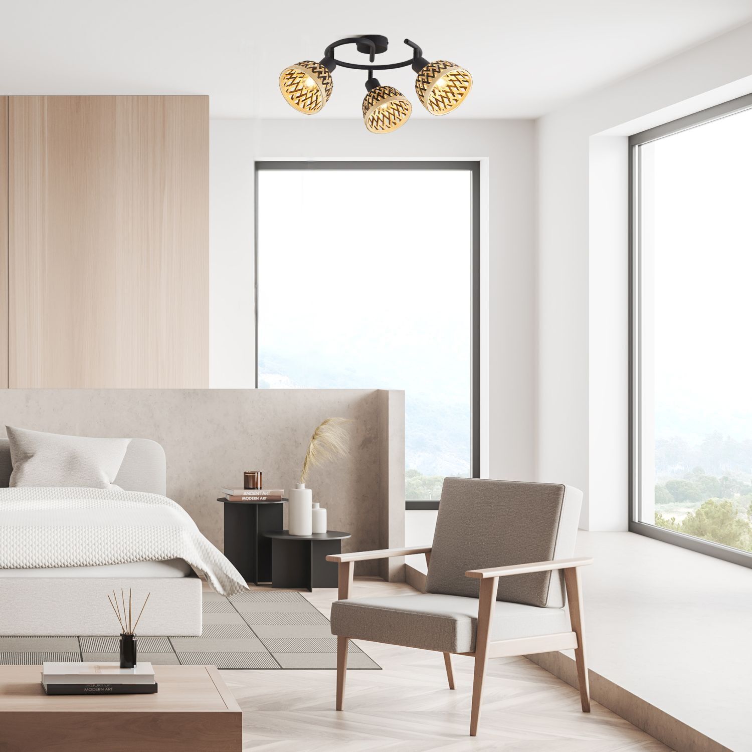 Spot de plafond 3 flammes Ø 46 cm Noir Naturel E14 Bois Métal
