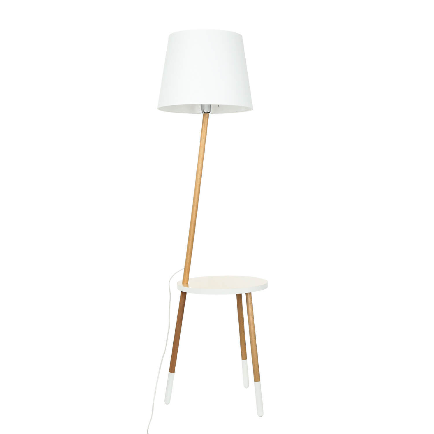 Lampadaire tripode LAMA bois tissu blanc avec tablette