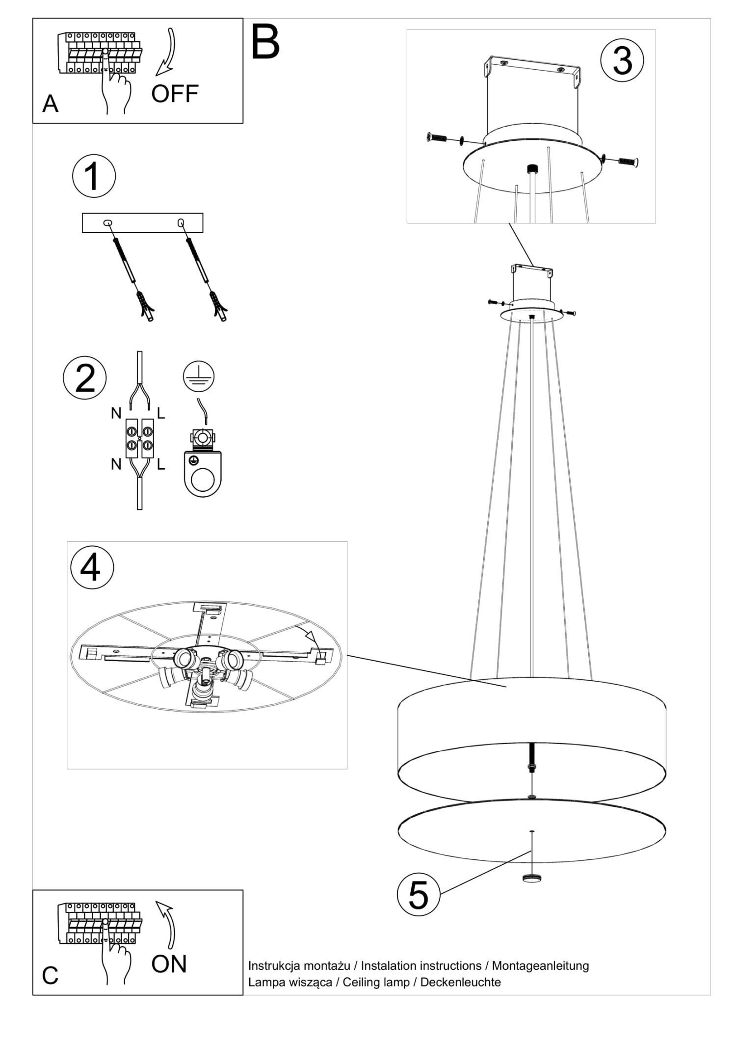 Suspension ronde Ø 60 cm Tissu Verre 5x E27 Noir