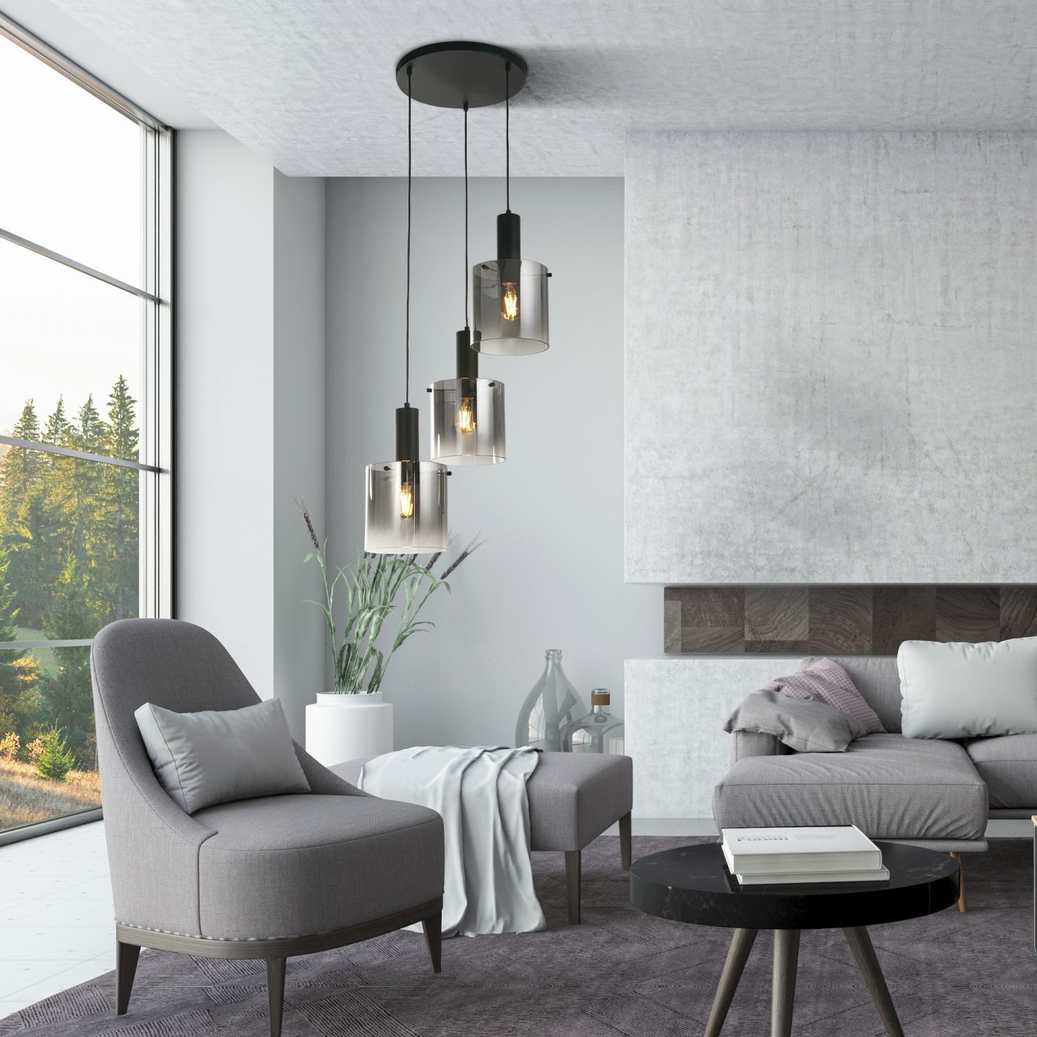 Lampe à suspendre verre fumé 3 flammes noir gris E27 Ø 42 cm