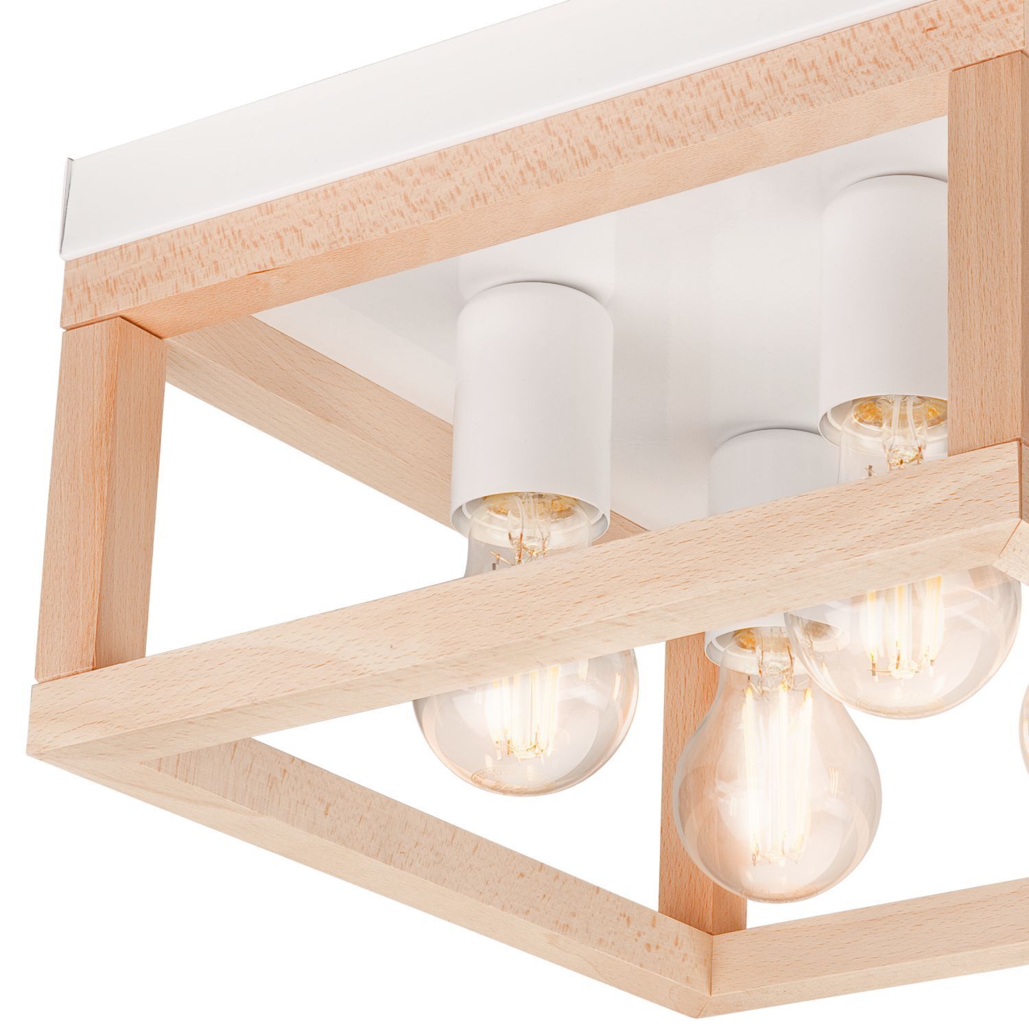 Plafonnier bois métal 4 flammes E27 L : 30 cm carré