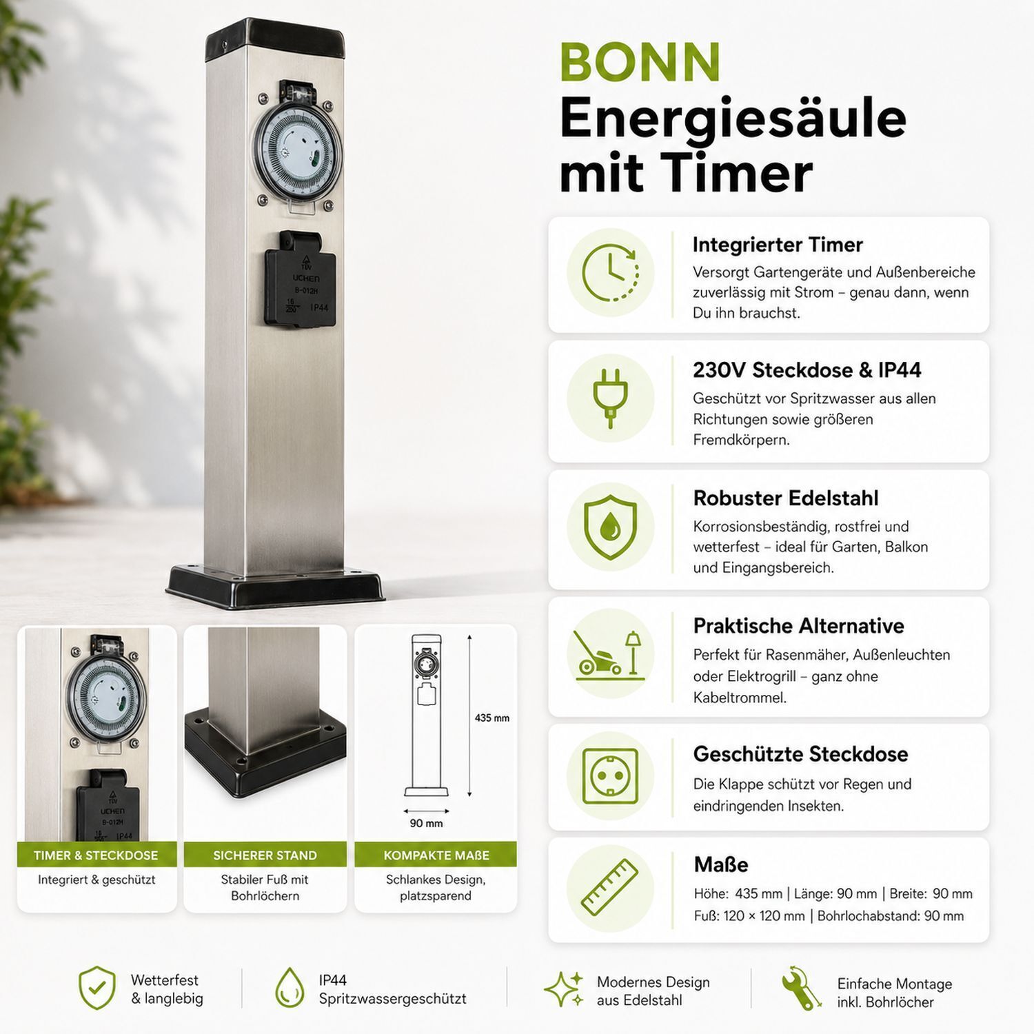 Energiesäule, Timer, Ständer, Edelstahl, IP44