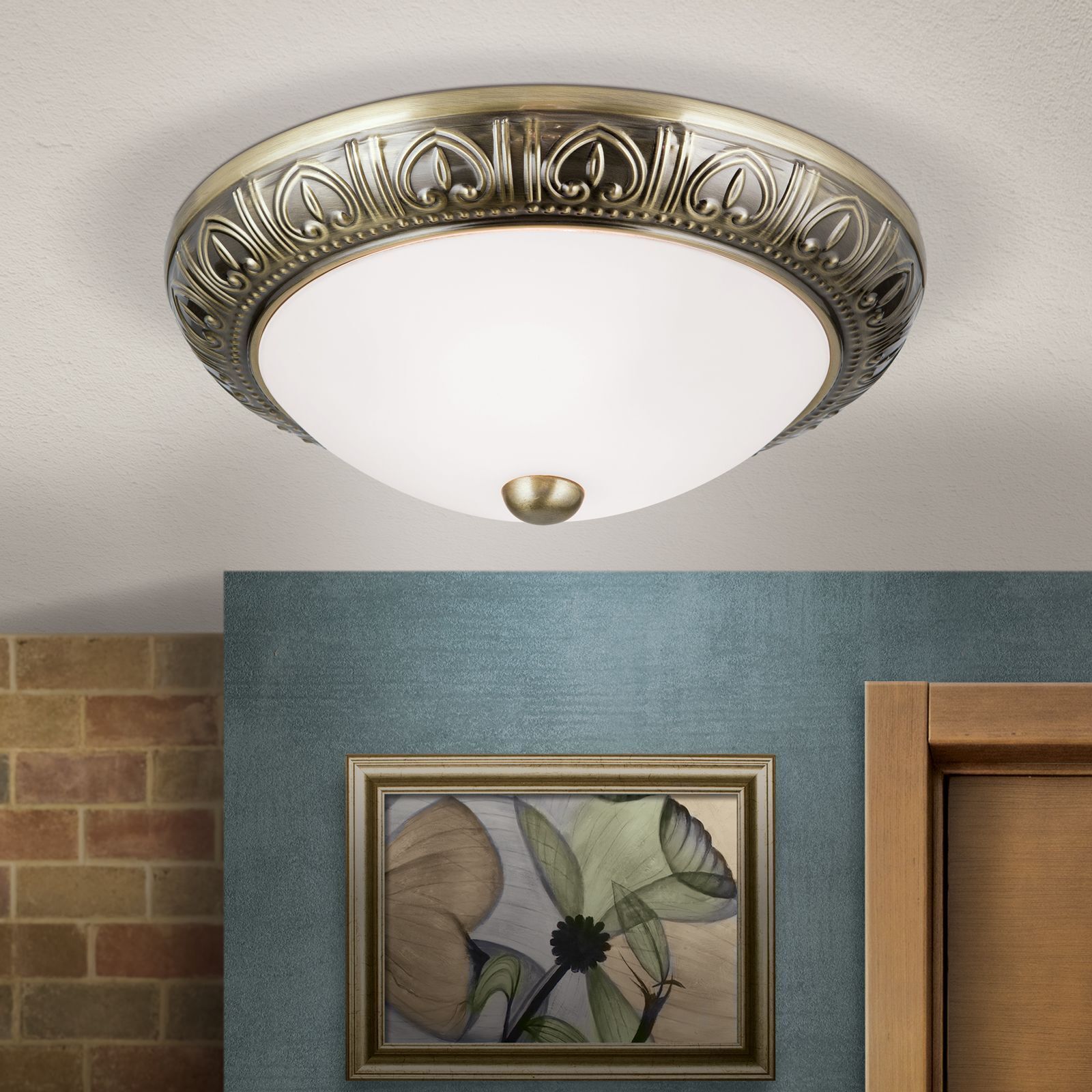 Deckenleuchte, Lichtquelle, Bronzefarbenes Detail, Satiniertes Glas, Dekorativer Rand