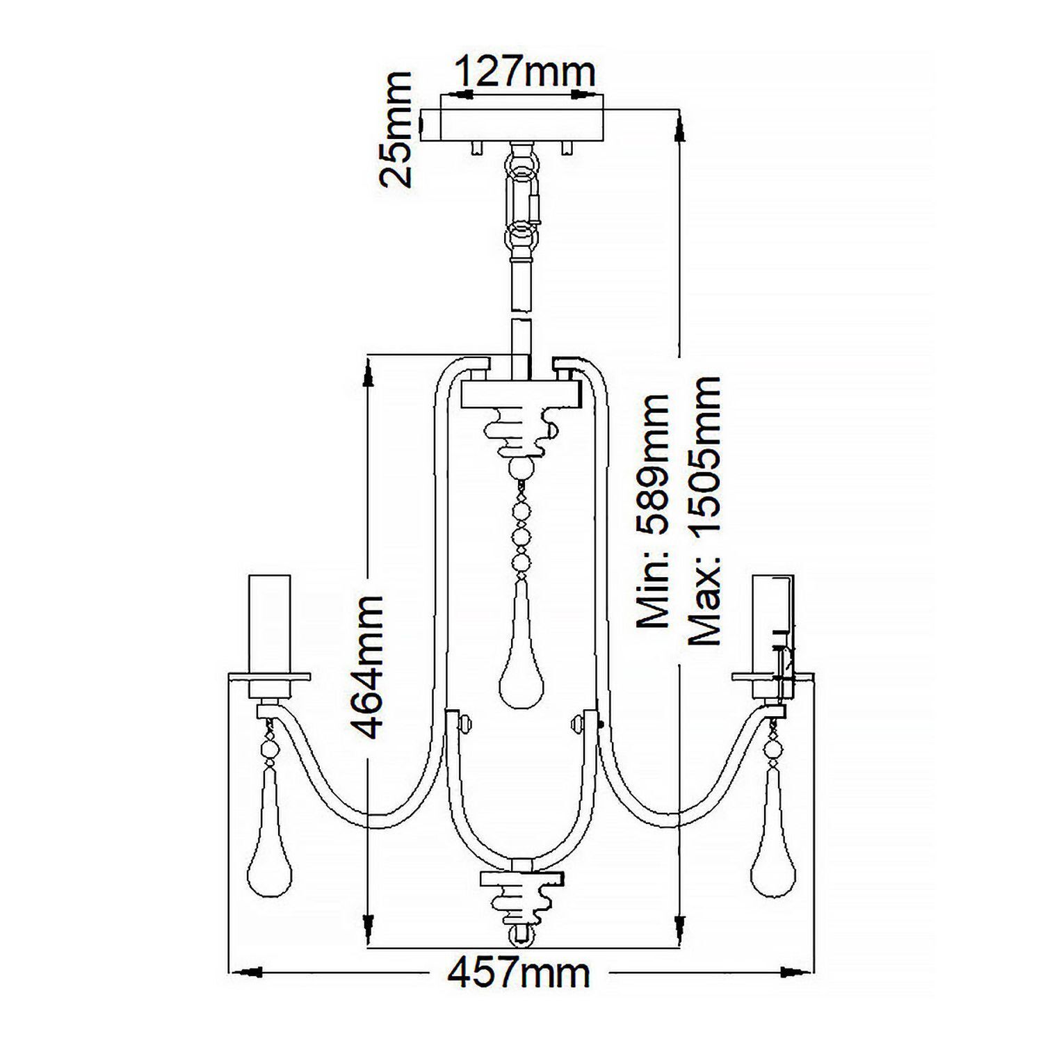 Lustre cristal métal L : 45,7 cm 3 branches E14 ZINNIA