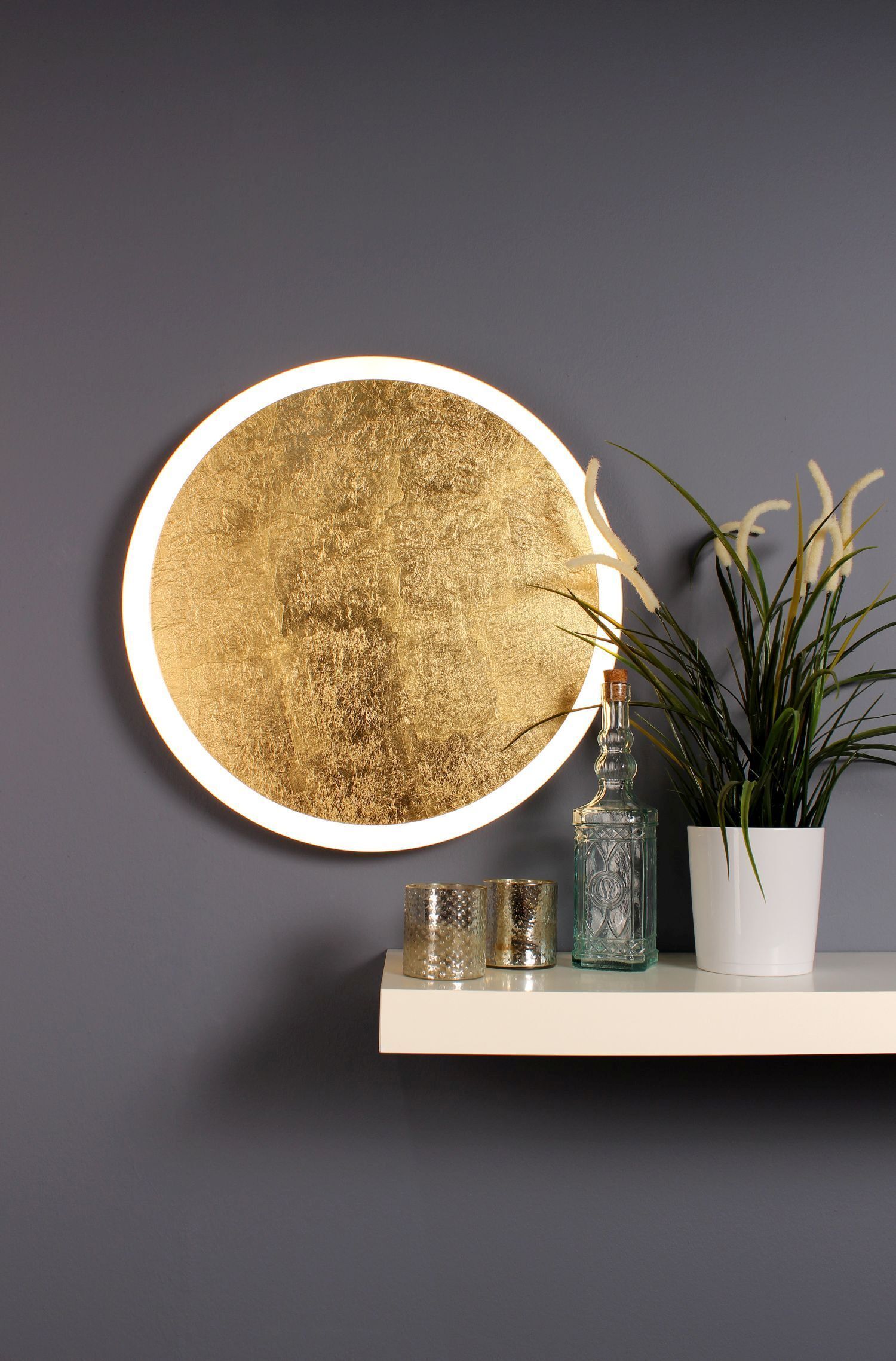 LED Wandleuchte Gold Schwarz rund Ø50 cm 3500 K dimmbar runder lamp, goldblasst, wanddekoration, regaldekoration, pflanzenTopf