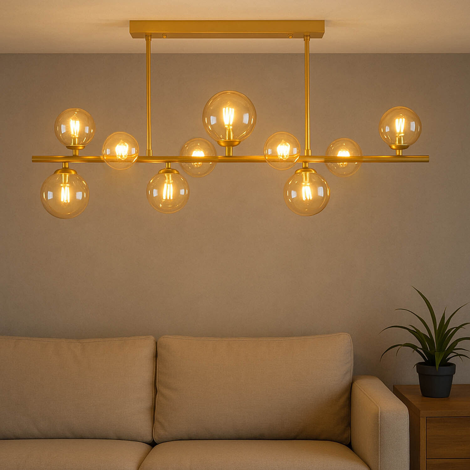 Plafonnier verre fumé métal 87 cm long crème or 10x G9 Lampe, Couch, Kronleuchter, Beleuchtung, Leuchte