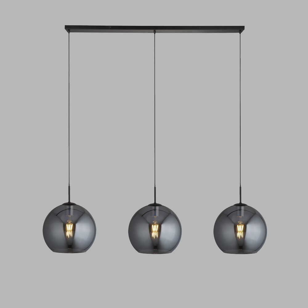 Suspension à 3 flammes E27 noir gris fumé L : 146 cm Suspension à 3 flammes E27 noir gris fumé L : 146 cm
