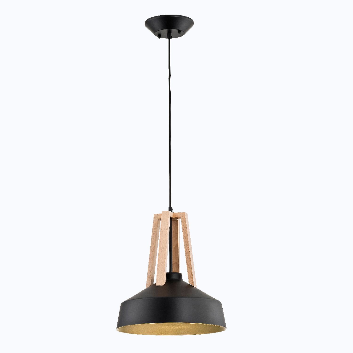 Hängelampe, Pendelleuchte, Schwarz, Metall, Holz Akzent