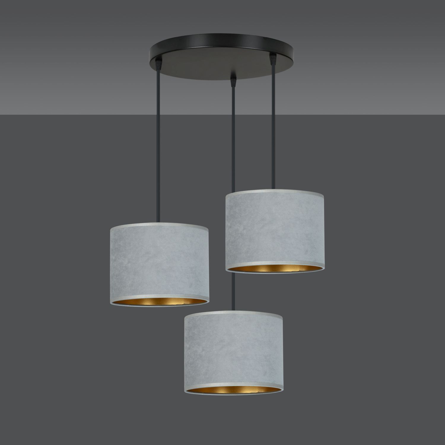 Lampe à suspendre 3 flammes E27 tissu métal noir gris or