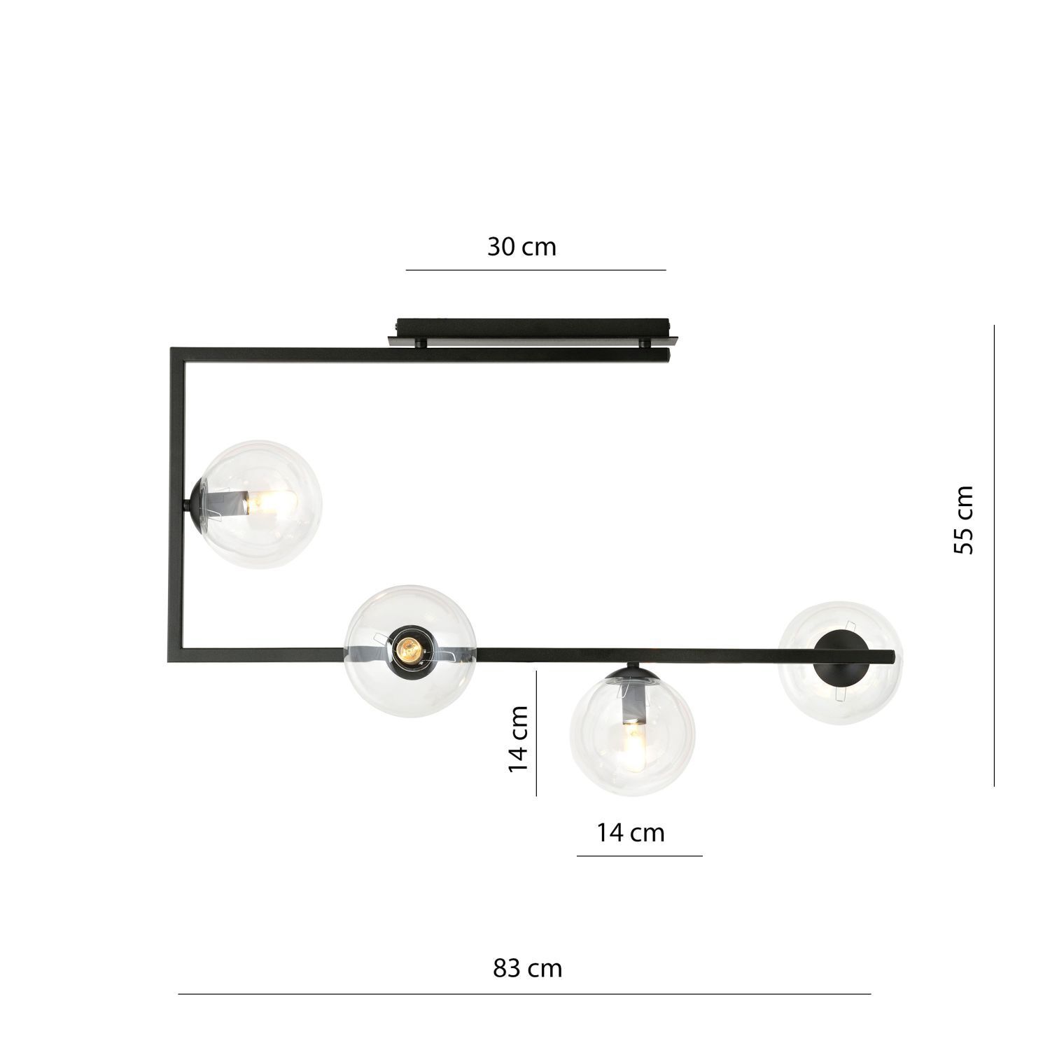 Plafonnier verre métal 83 cm de long noir E14 4 flammes