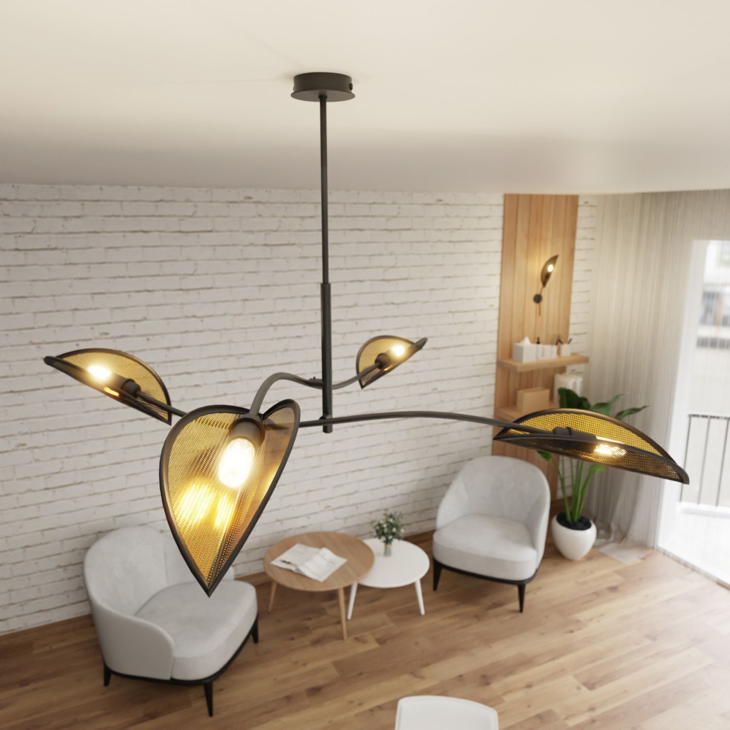 hängelampe, pendellampe, metallrahmen, leuchtenkonstruktion, goldene schirme