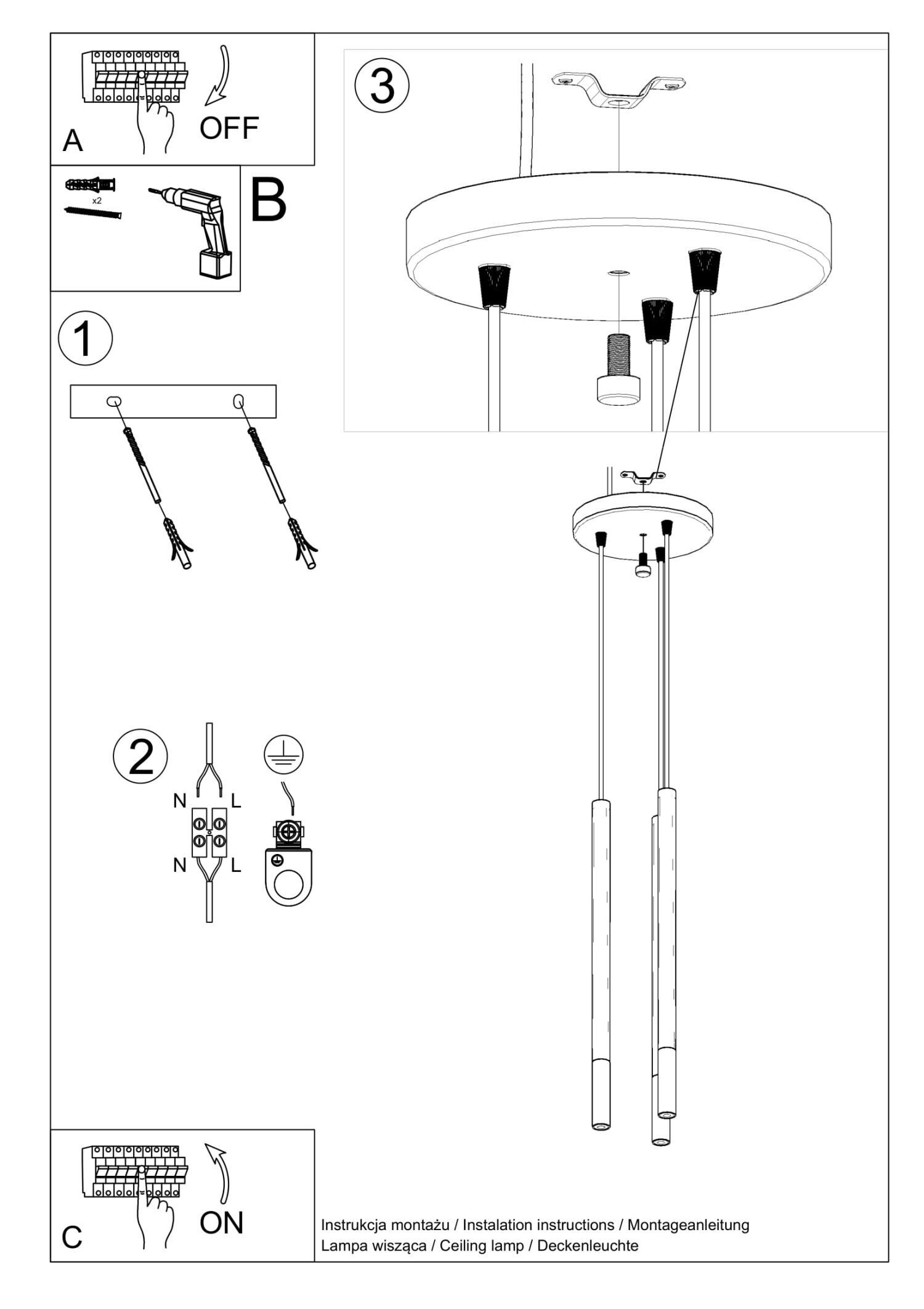 Lampe à suspendre noire chrome 3 flammes métal réglable