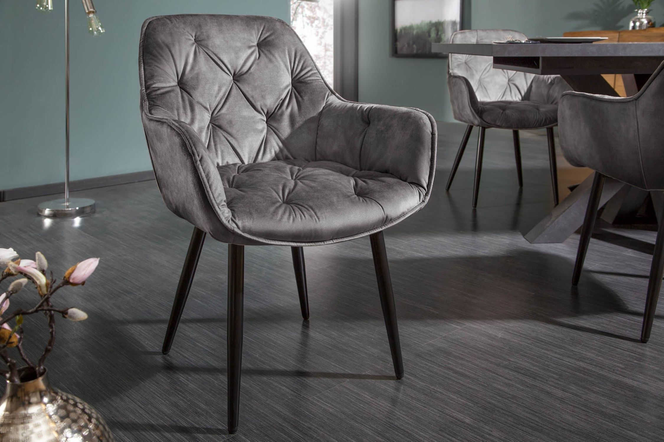 Chaise de salle à manger velours métal vert/gris noir Chesterfield Moebel, Stuhl, Fußboden, Sessel, Innenarchitektur