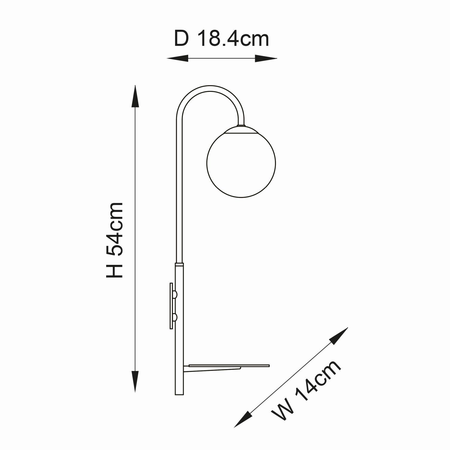 Applique avec câble Interrupteur Tablette H : 54 cm Métal Verre
