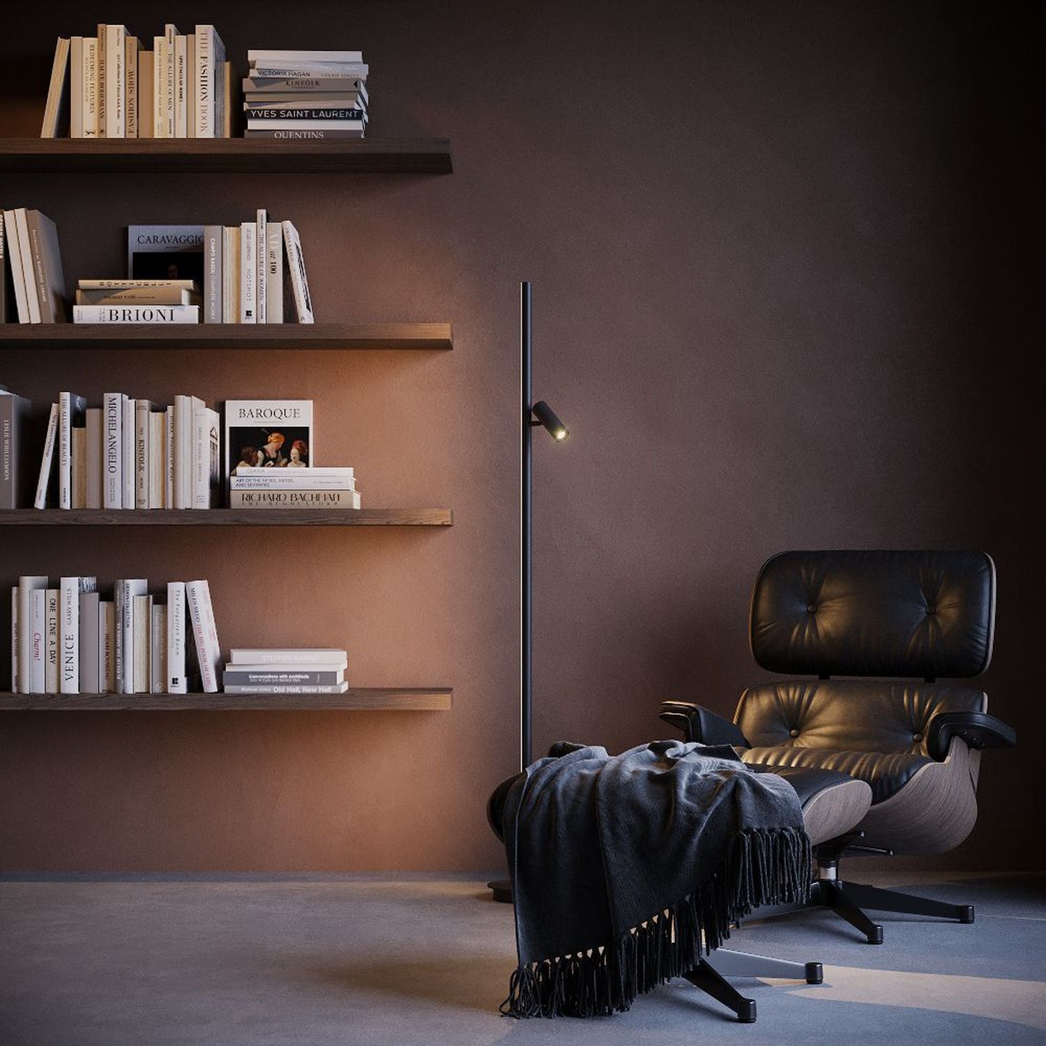 LED Stehlampe dimmbar Schwarz 155 cm 3000 K flexibel Lounge Chair, Reading Nook, Schwarzes Leder, Sessel, Steh-Lampe