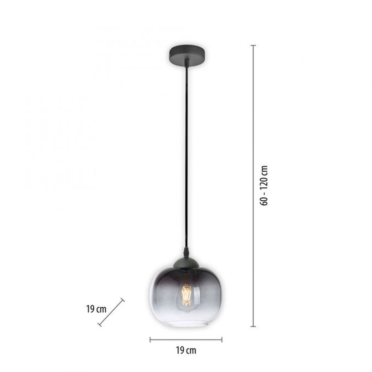 Lampe à suspendre Abat-jour en verre Gris fumé Noir E27 Ø19 cm rond