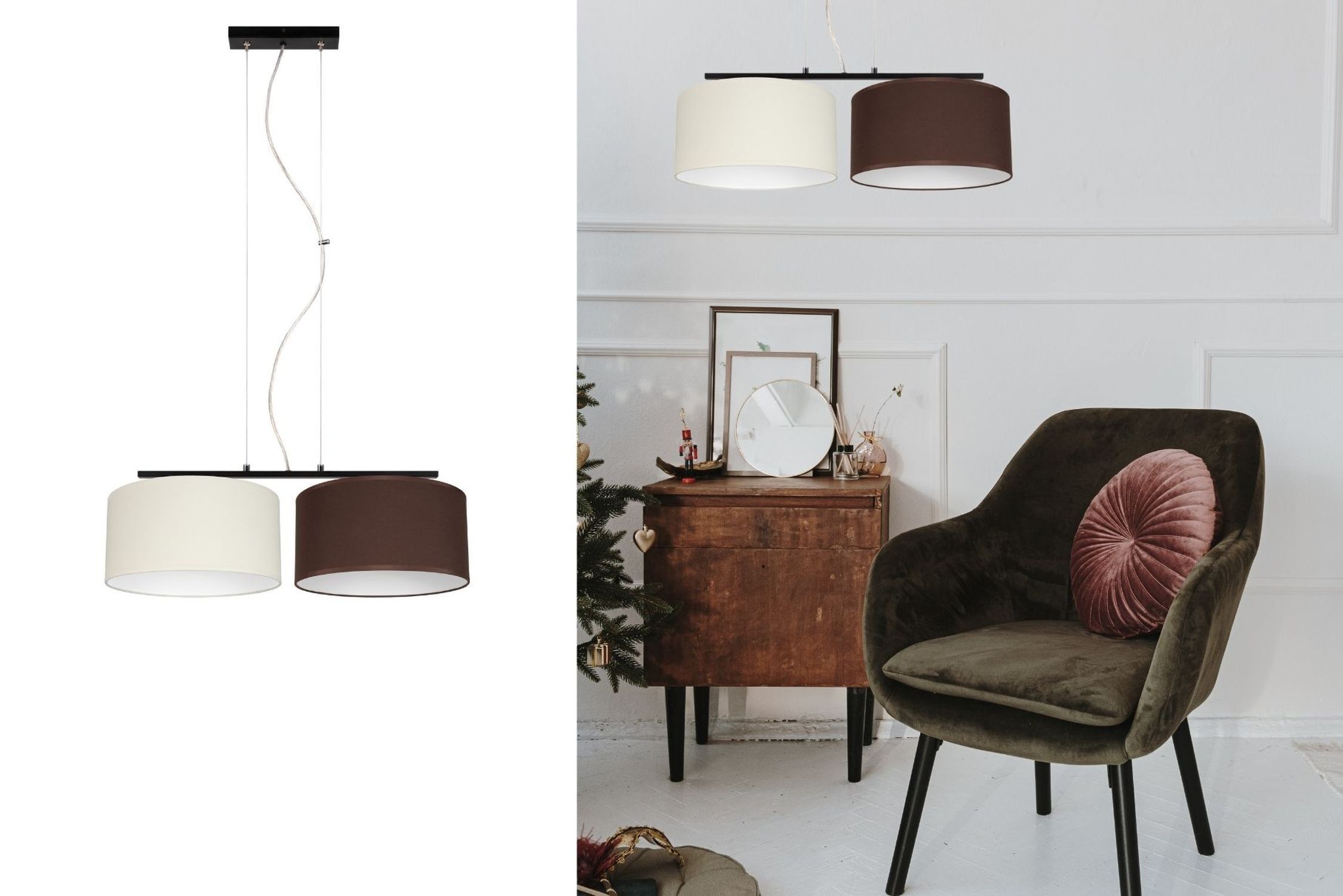 Suspension allongée 2 flammes tissu écru marron E27