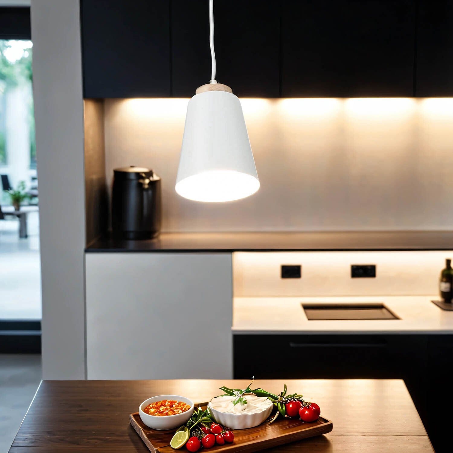 Hängeleuchte Wohnzimmer Esstisch in Weiß ROGER Essen, Präsentation des Essens, Innenarchitektur, Tischplatte, Lampe