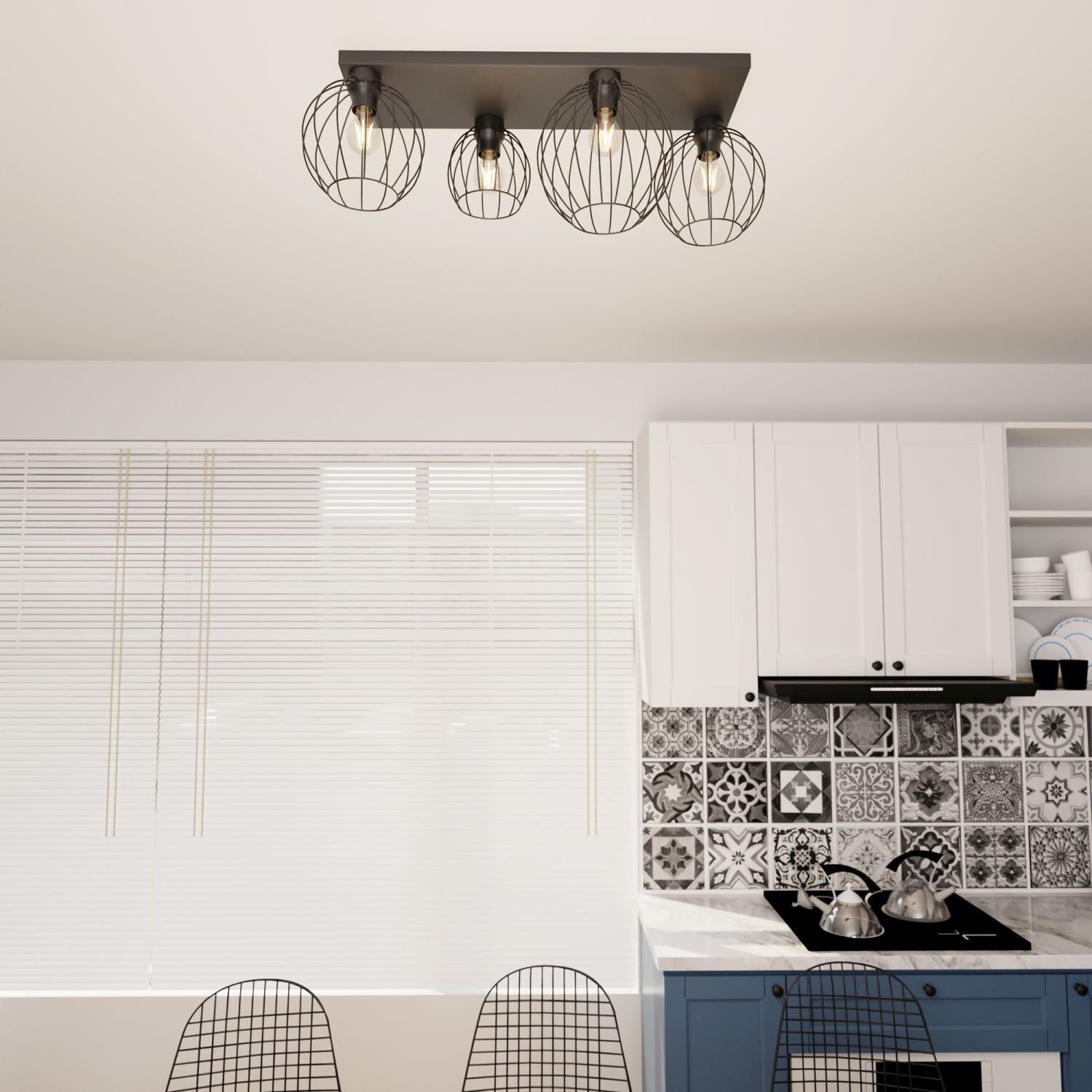 Plafonnier Retro Noir Fil E27 3-flmg 70 cm de long