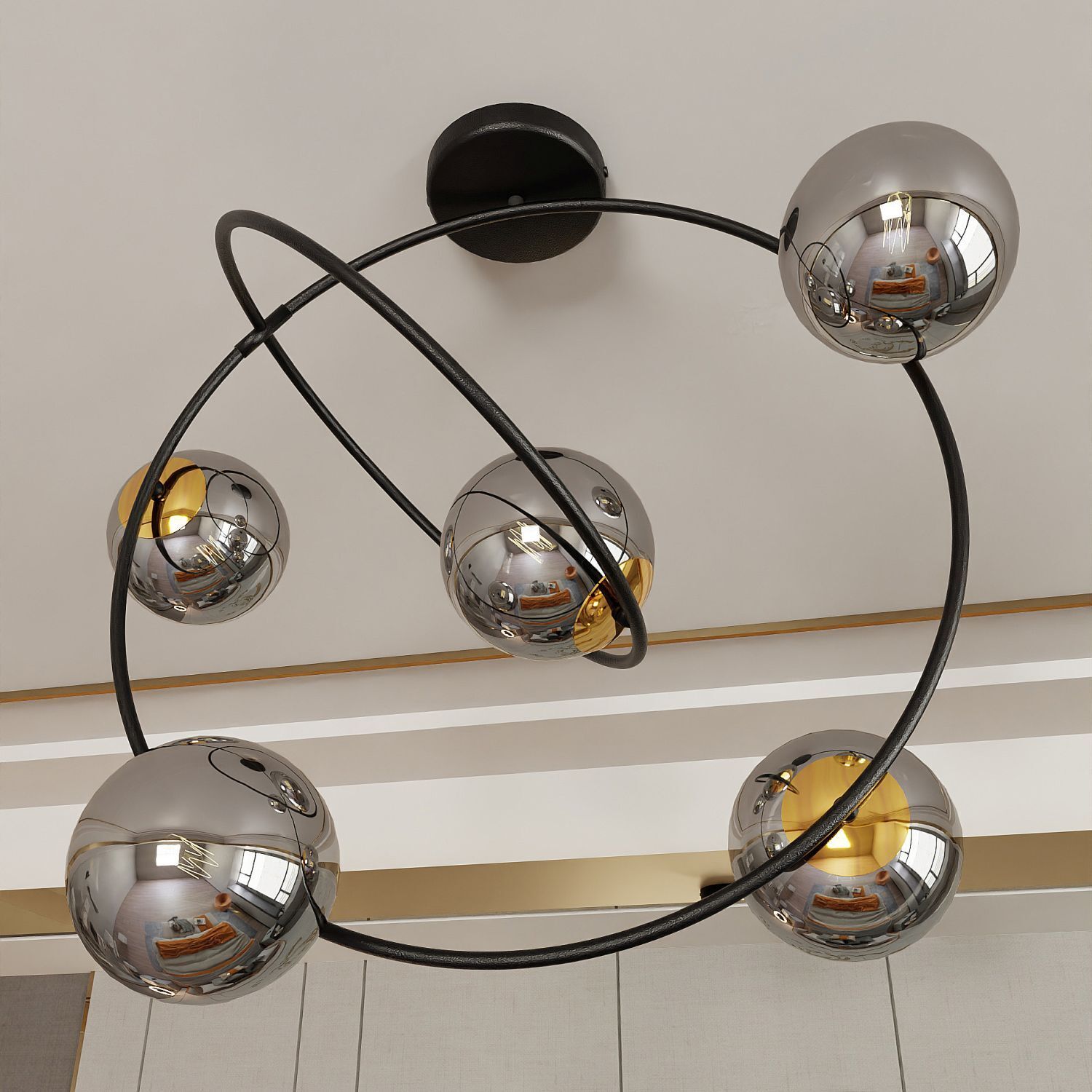 Plafonnier métal verre fumé noir graphite 5x E14 anneaux