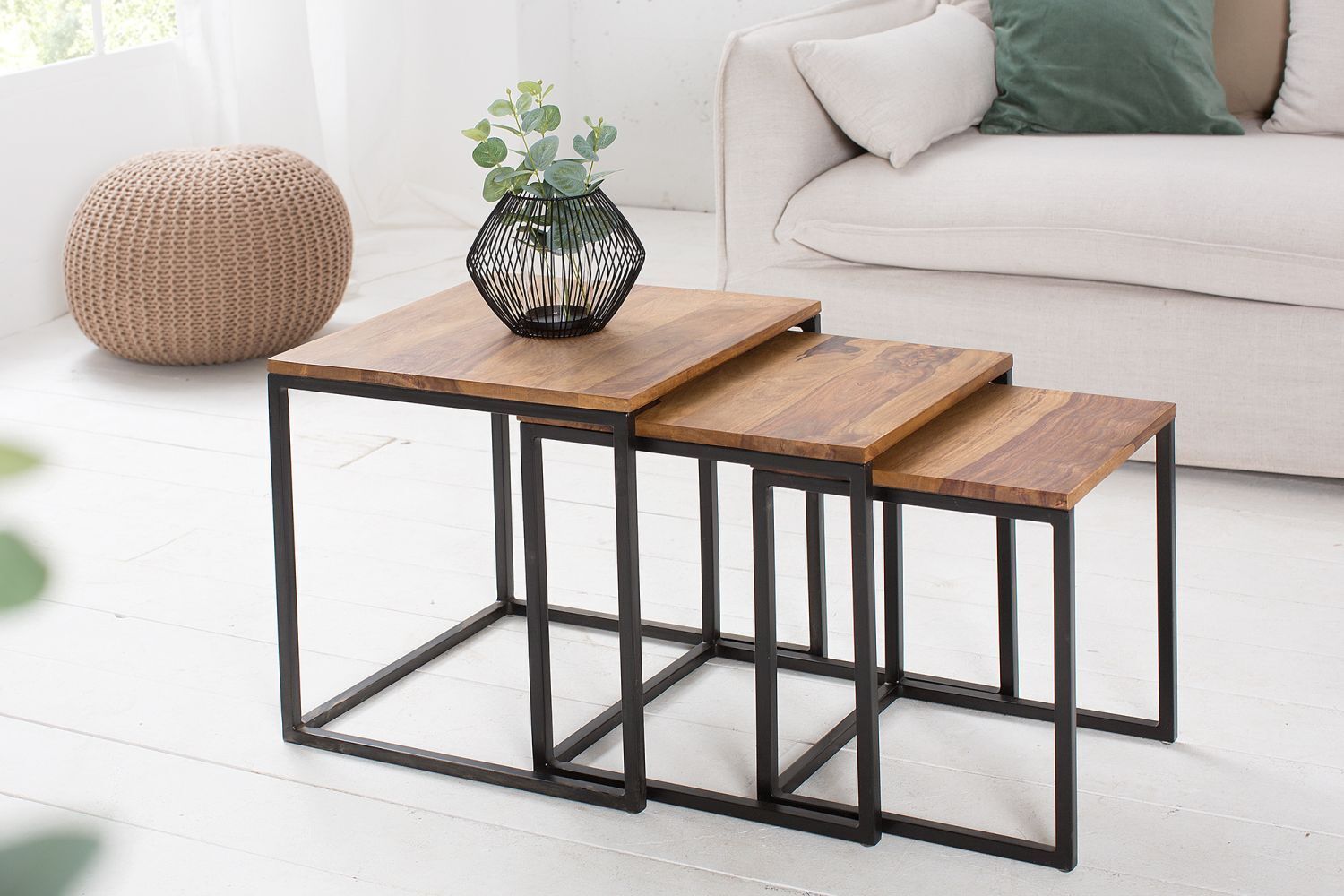 Table d'appoint bois de sheesham métal set de 3 pièces en noir naturel Moebel, Tabelle, Kaffeetisch, Hartholz, Holz